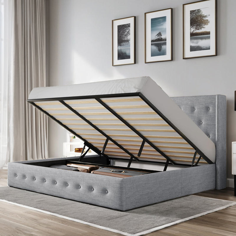 Lift Up Storage Bed Frame Hydraulic Storage with Buttons Tufted Headboard, No Box Spring Required