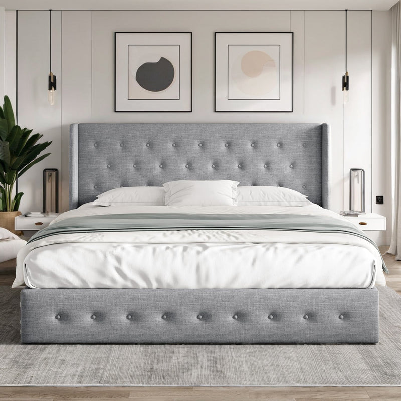 Lift Up Storage Bed Frame Hydraulic Storage with Buttons Tufted Headboard, No Box Spring Required