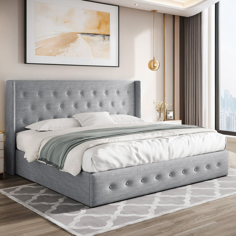 Lift Up Storage Bed Frame Hydraulic Storage with Buttons Tufted Headboard, No Box Spring Required