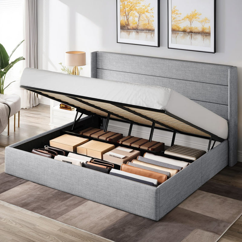 Lift Up Storage Bed Frame Hydraulic Storage with Modern Wingback Headboard, No Box Spring Required
