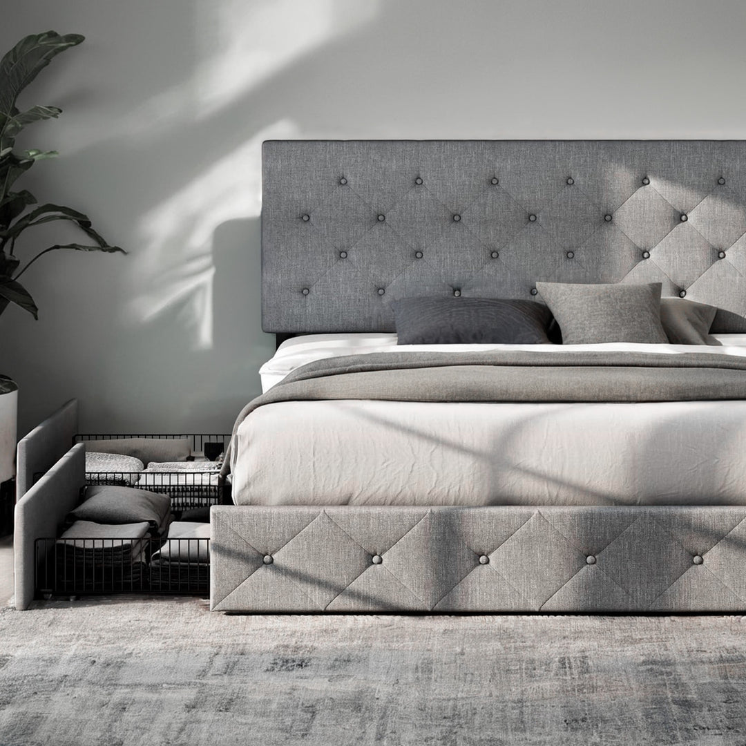 Upholstered Bed Frame with 4 Drawers Storage and Headboard