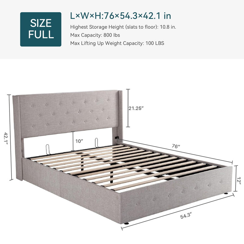 Lift Up Storage Bed Frame Hydraulic Storage with Buttons Tufted Headboard, No Box Spring Required