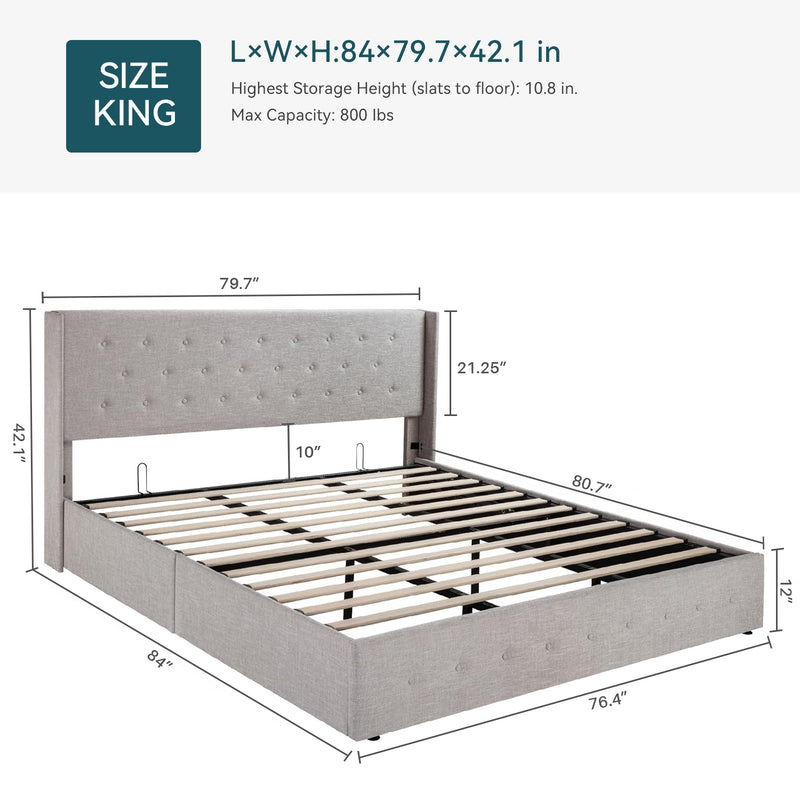 Lift Up Storage Bed Frame Hydraulic Storage with Buttons Tufted Headboard, No Box Spring Required