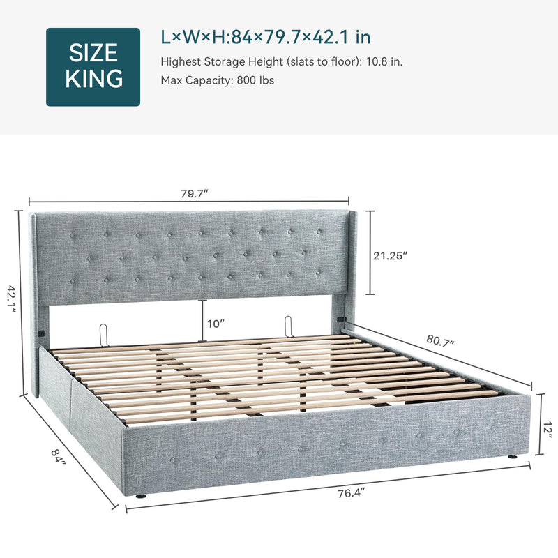 Lift Up Storage Bed Frame Hydraulic Storage with Buttons Tufted Headboard, No Box Spring Required