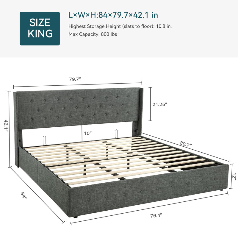 Lift Up Storage Bed Frame Hydraulic Storage with Buttons Tufted Headboard, No Box Spring Required