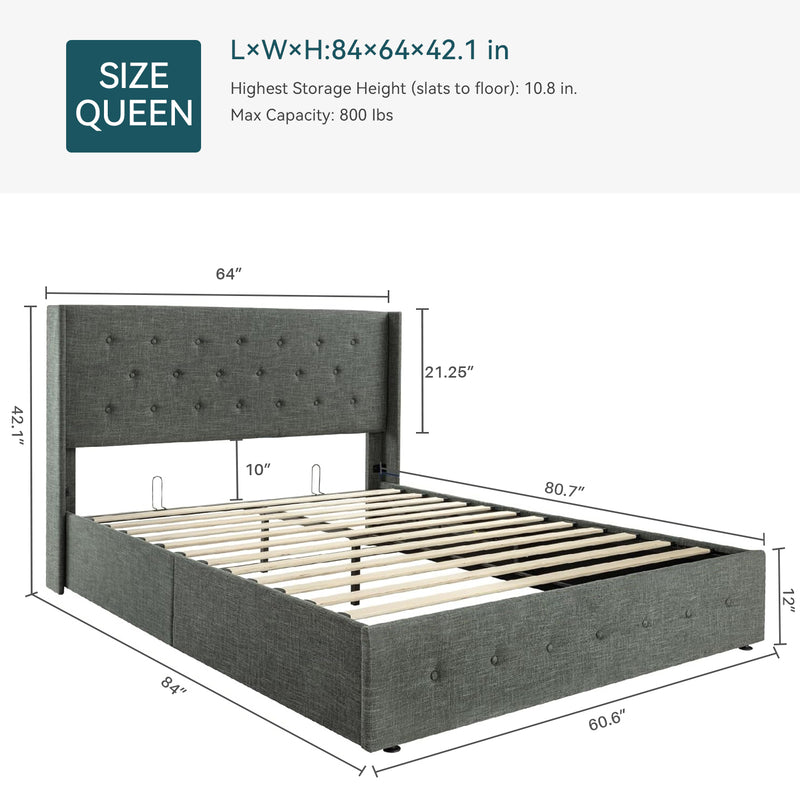 Lift Up Storage Bed Frame Hydraulic Storage with Buttons Tufted Headboard, No Box Spring Required