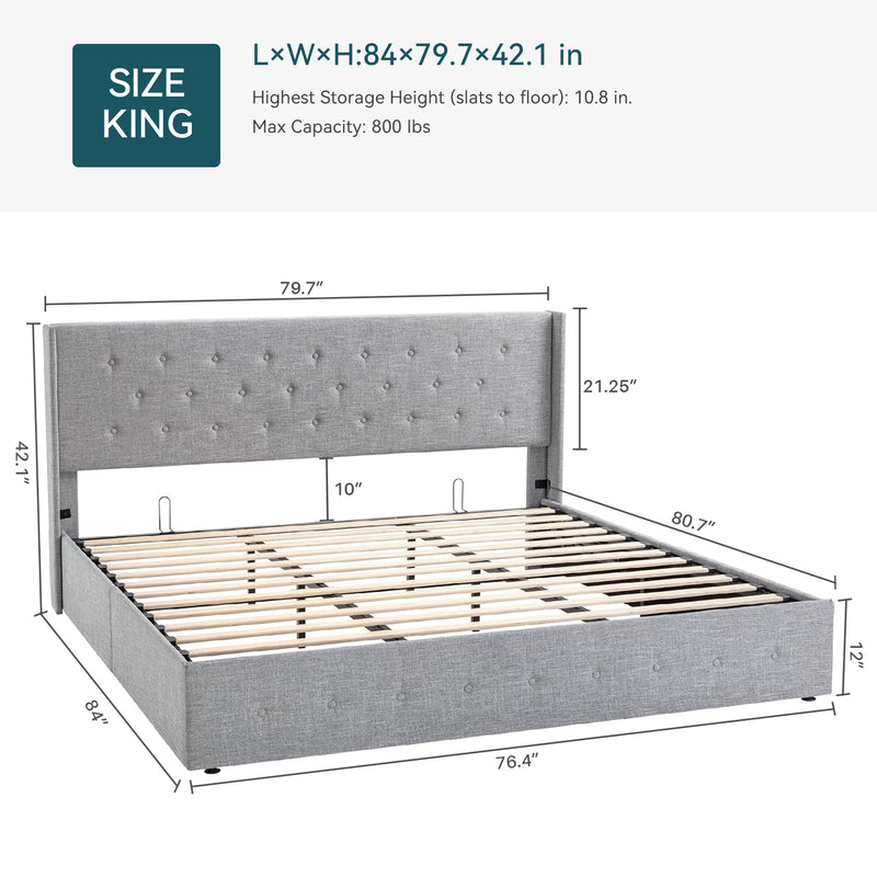 Lift Up Storage Bed Frame Hydraulic Storage with Buttons Tufted Headboard, No Box Spring Required