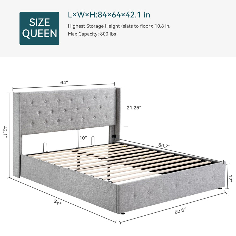 Lift Up Storage Bed Frame Hydraulic Storage with Buttons Tufted Headboard, No Box Spring Required