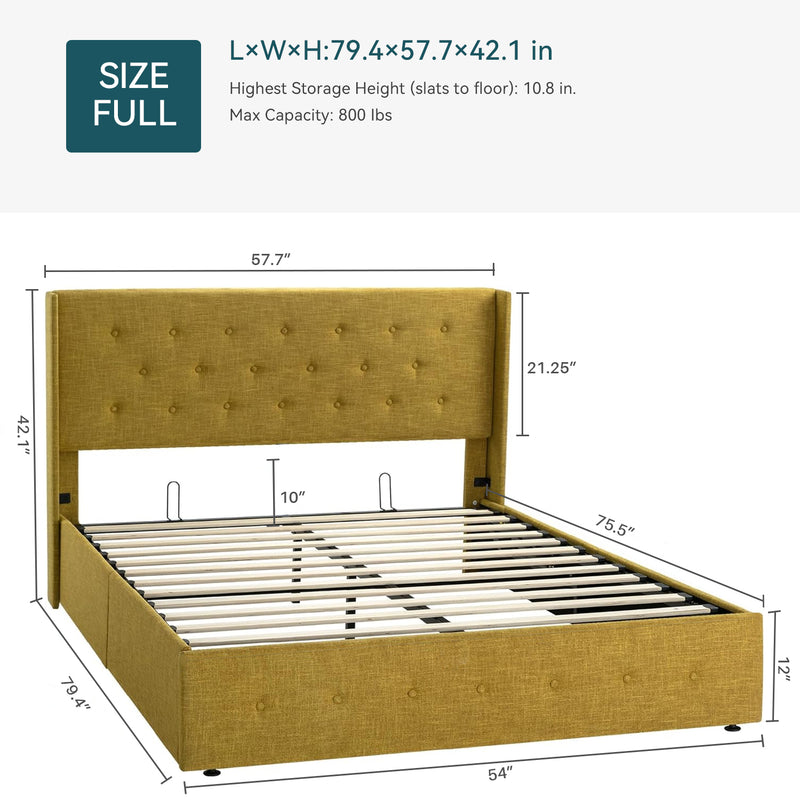 Lift Up Storage Bed Frame Hydraulic Storage with Buttons Tufted Headboard, No Box Spring Required