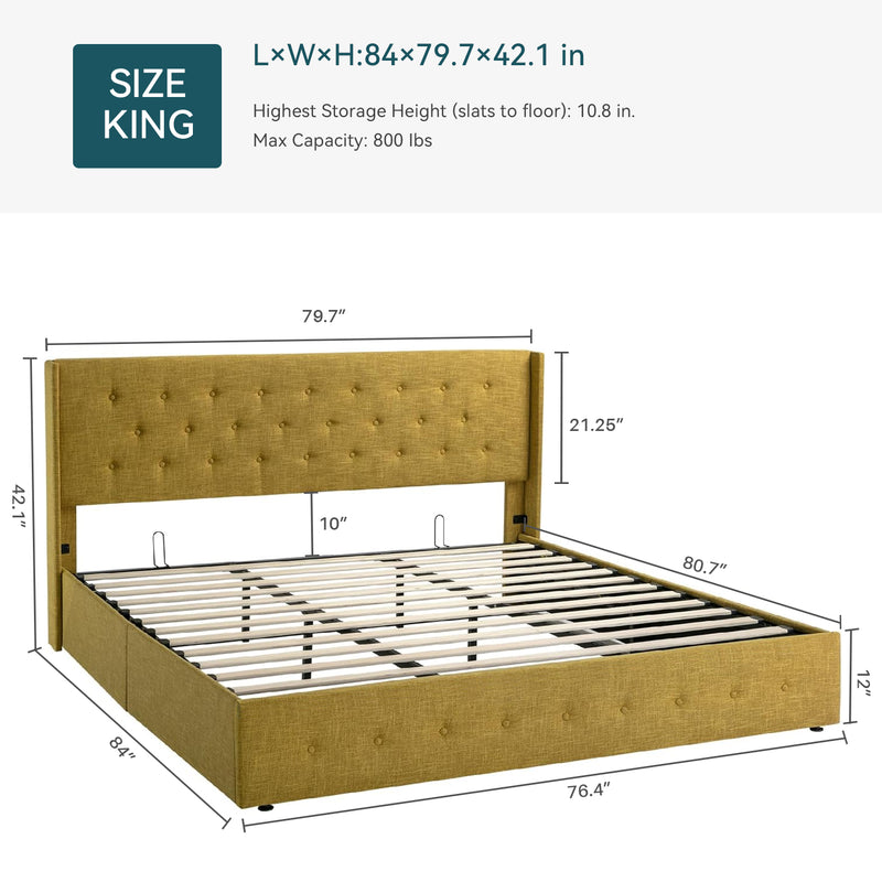 Lift Up Storage Bed Frame Hydraulic Storage with Buttons Tufted Headboard, No Box Spring Required