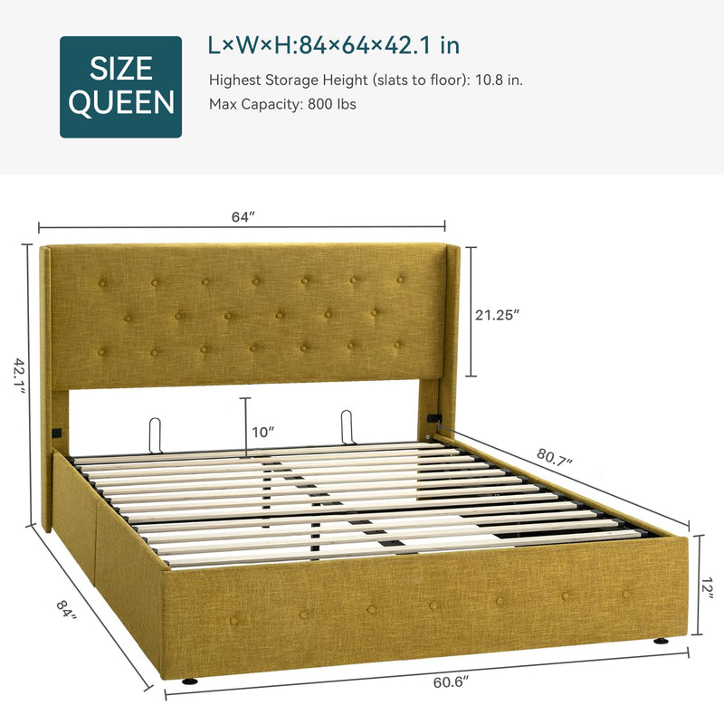 Lift Up Storage Bed Frame Hydraulic Storage with Buttons Tufted Headboard, No Box Spring Required