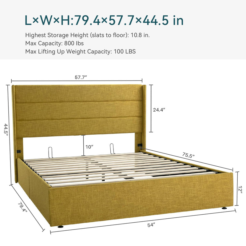 Lift Up Storage Bed Frame Hydraulic Storage with Modern Wingback Headboard, No Box Spring Required