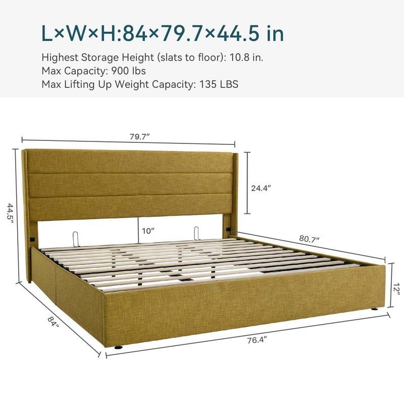 Lift Up Storage Bed Frame Hydraulic Storage with Modern Wingback Headboard, No Box Spring Required