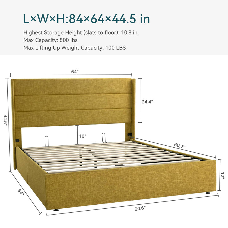 Lift Up Storage Bed Frame Hydraulic Storage with Modern Wingback Headboard, No Box Spring Required