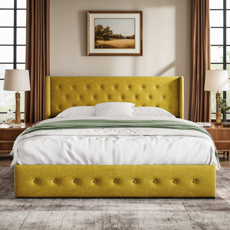 Lift Up Storage Bed Frame Hydraulic Storage with Buttons Tufted Headboard, No Box Spring Required