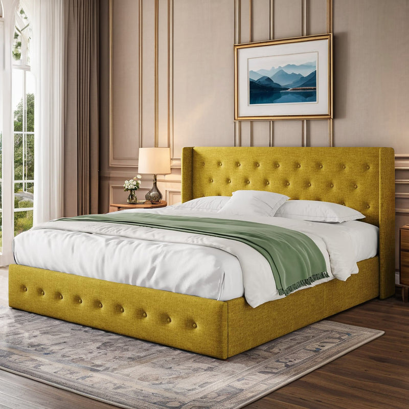 Lift Up Storage Bed Frame Hydraulic Storage with Buttons Tufted Headboard, No Box Spring Required