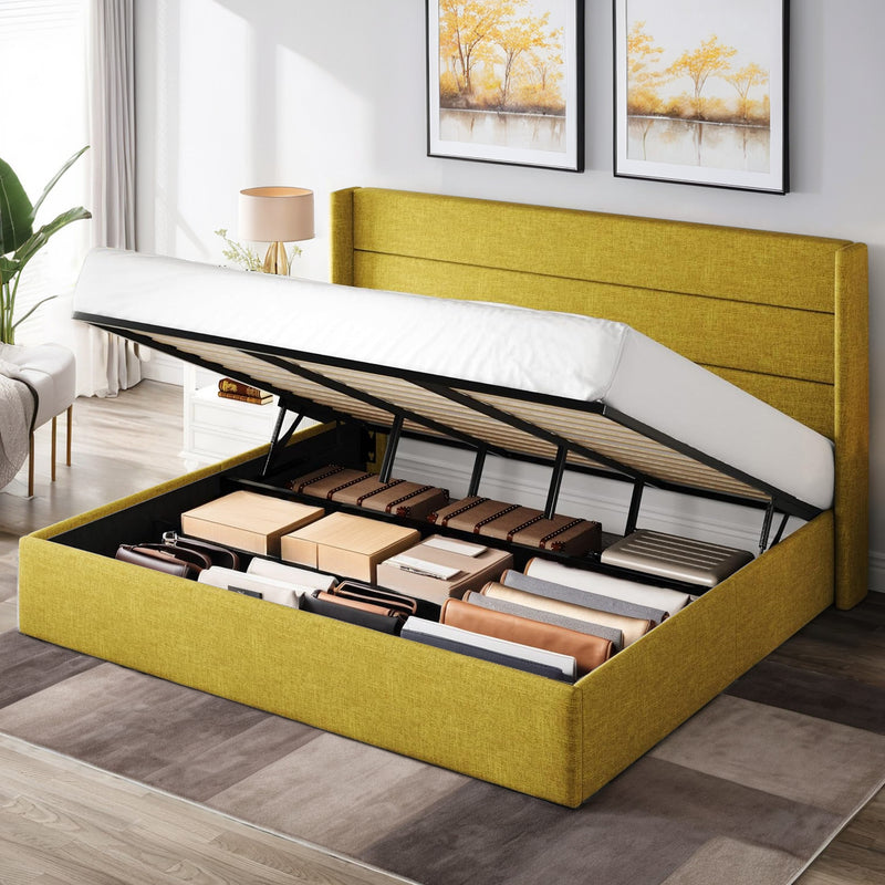 Lift Up Storage Bed Frame Hydraulic Storage with Modern Wingback Headboard, No Box Spring Required