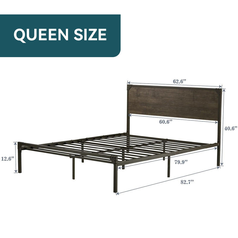 Platform Metal Bed Frame with Wood Headboard, Heavy Duty Bed Frame Noise Free, Rustic Brown
