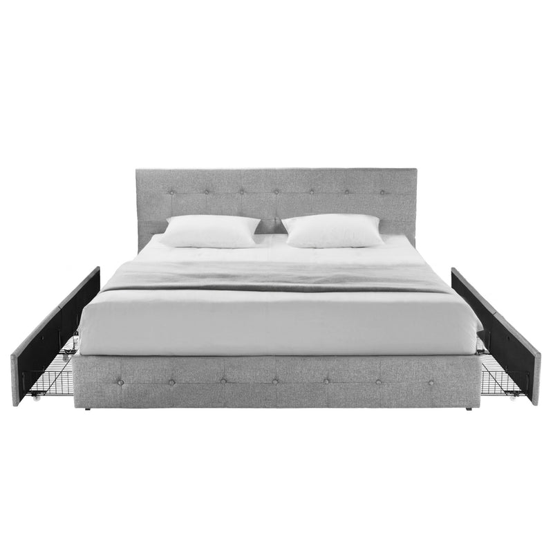 Upholstered Bed Frame with 4 Drawers Storage and Headboard with Wood Slat Support, No Box Spring Needed