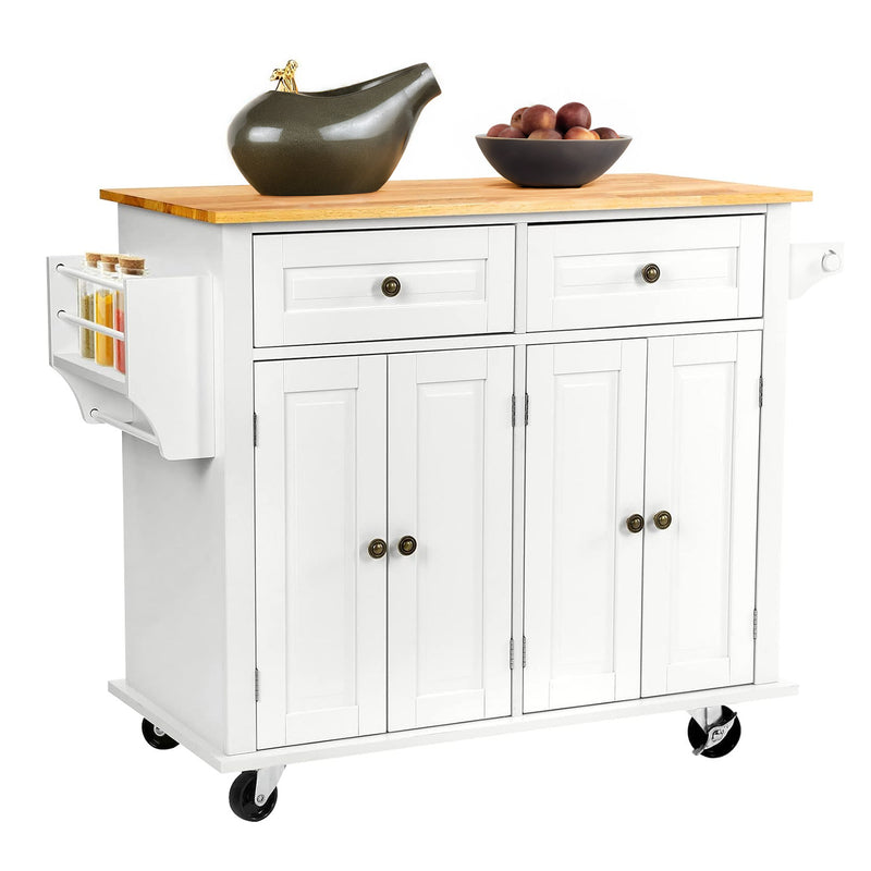 Wide Rolling Kitchen Island 43.3 Inches with Storage, Solid Wood Top and Locking Wheels