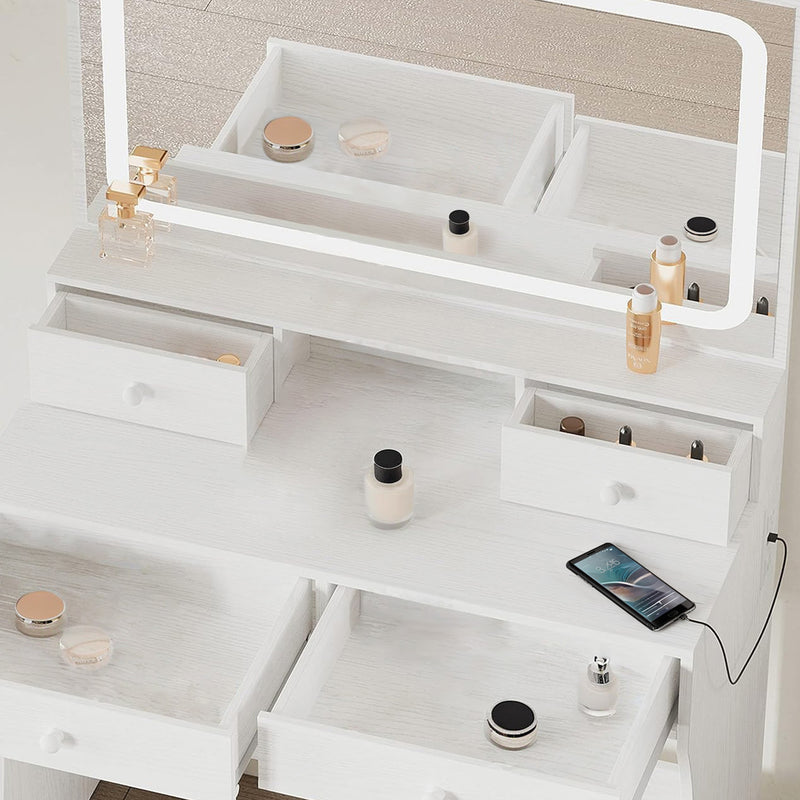 Vanity Desk Set Makeup Vanity with Power Outlet, LED Mirror, Storage Stool