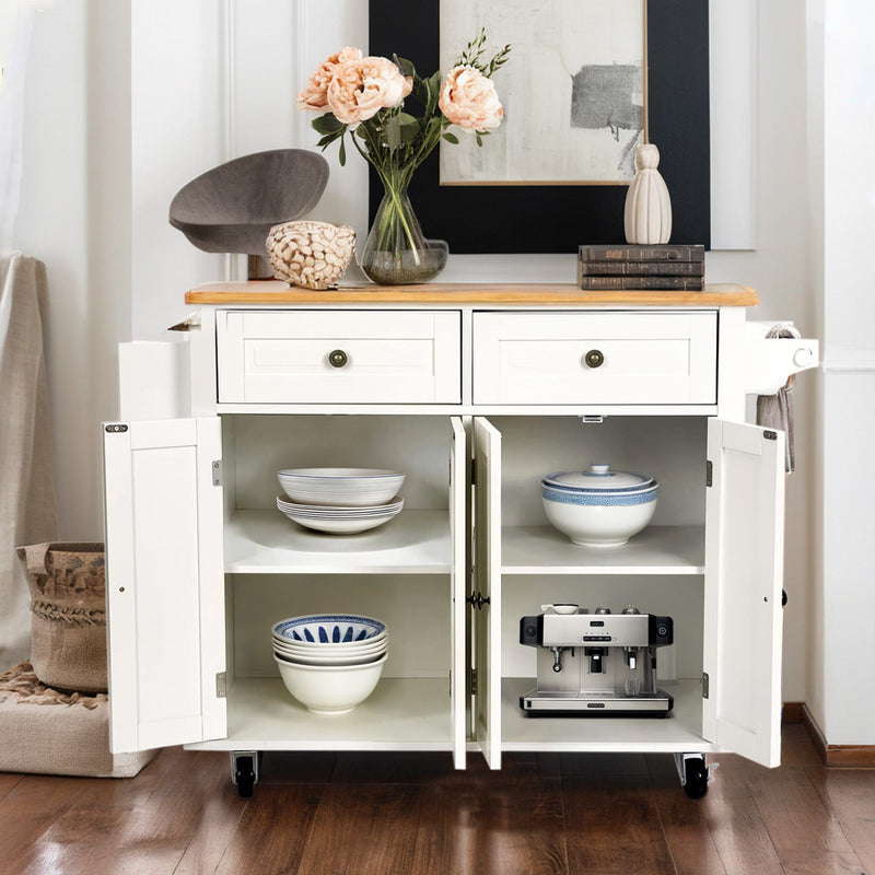 Wide Rolling Kitchen Island 43.3 Inches with Storage, Solid Wood Top and Locking Wheels