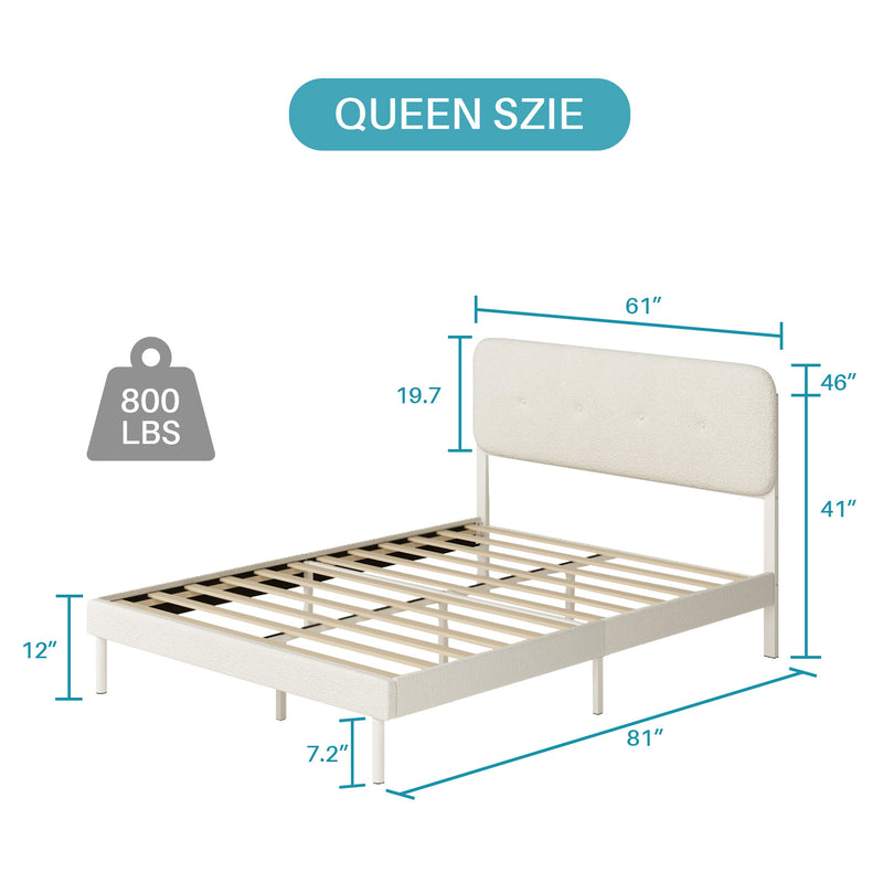Boucle Upholstered Bed Frame with Adjustable Headboard, Under Bed Storage, No Box Spring Needed