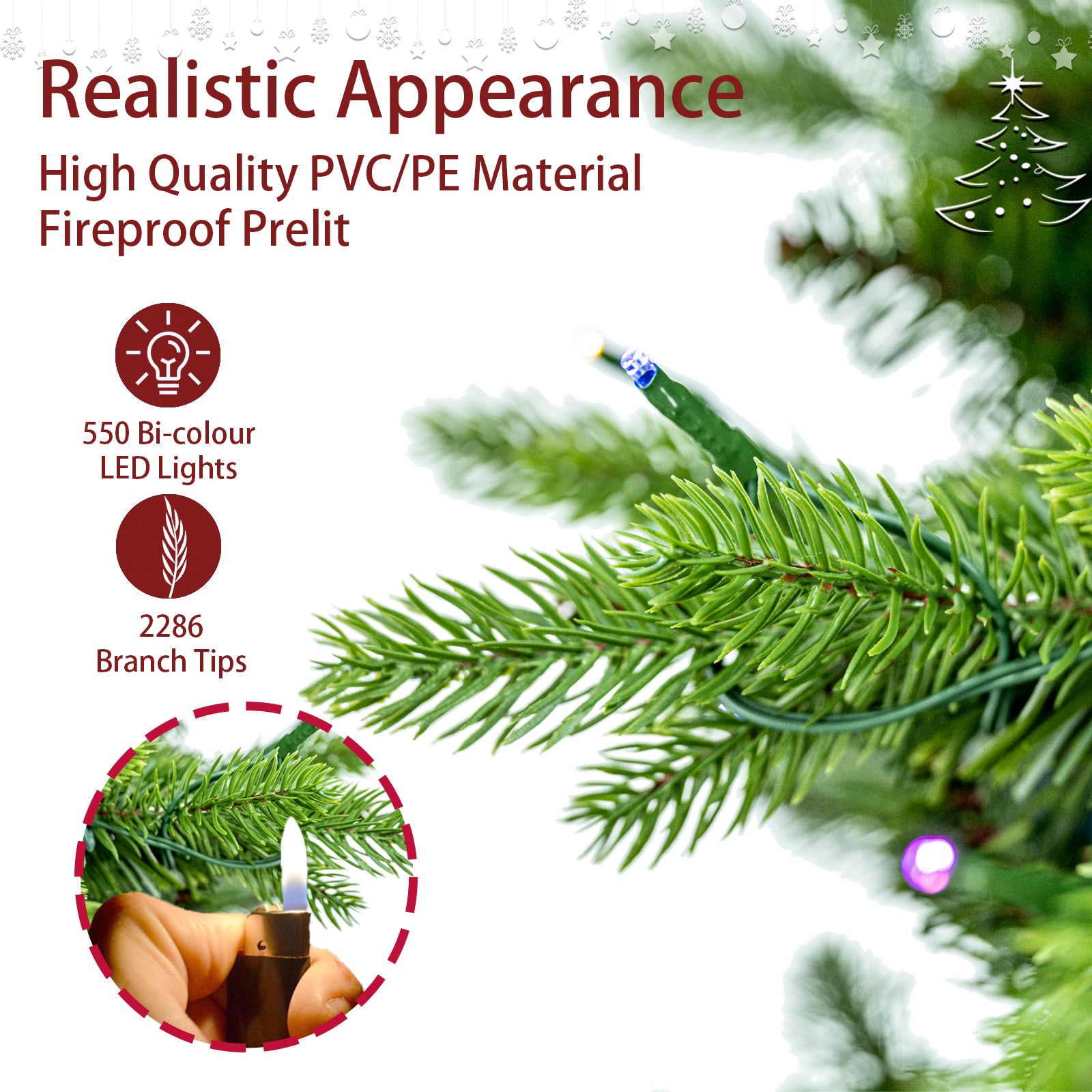 7.5ft PreLit PE&PVC Artificial Christmas Tree with Metal Stand and 55
