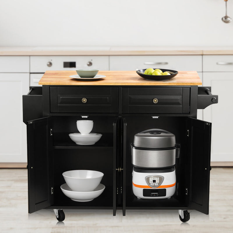 Wide Rolling Kitchen Island 43.3 Inches with Storage, Solid Wood Top and Locking Wheels