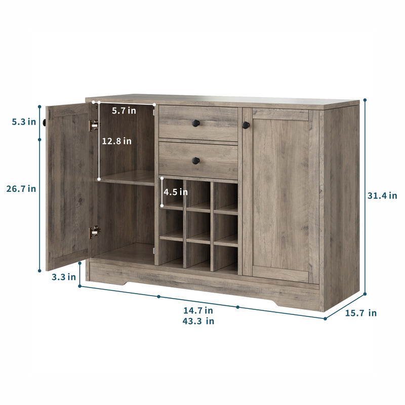 Coffee Bar Cabinet Kitchen 43-inch Buffet Cabinet with Storage, Drawers, Adjustable Shelves, and Wine Rack