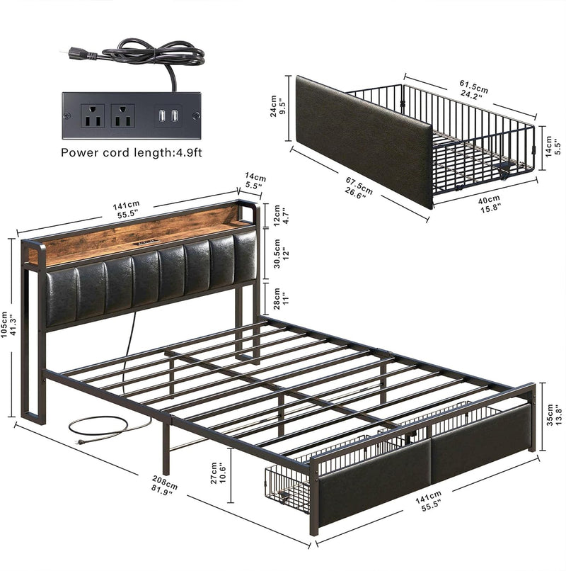 Platform Bed Frame with Storage Headboard, Charging Station, Drawers
