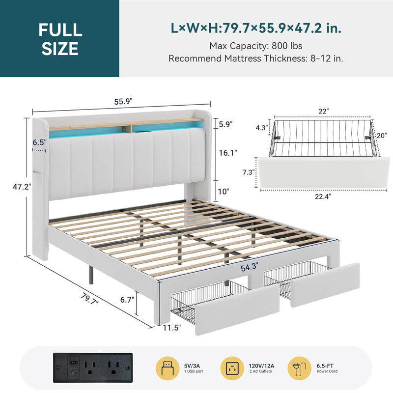 Velvet Upholstered Platform Bed Frame with LED Headboard, Storage Drawers & Charging Ports, No Box Spring Needed