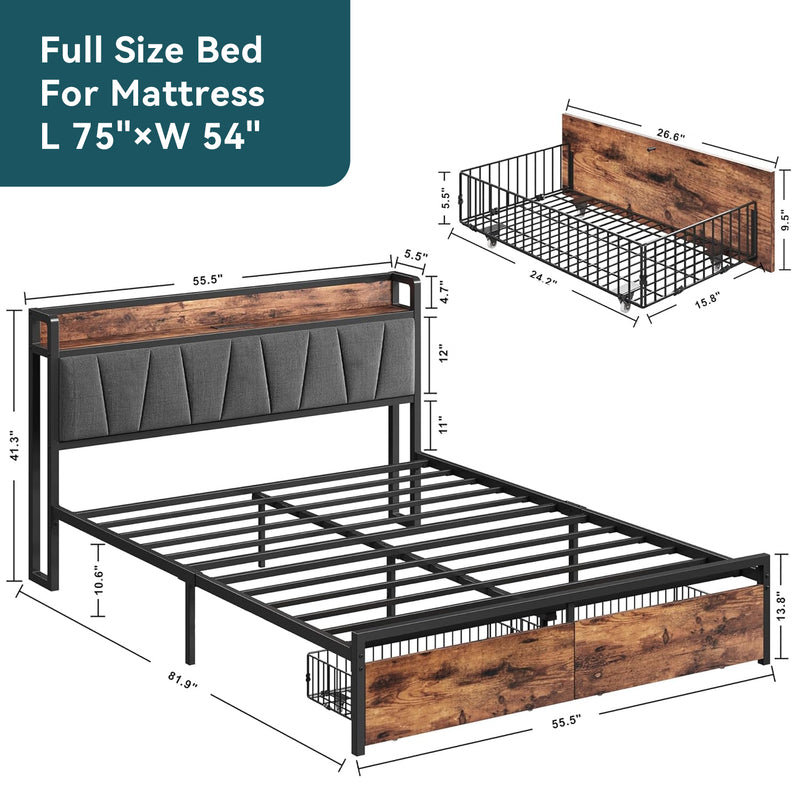 Platform Bed Frame with Storage Headboard, Charging Station and Drawers