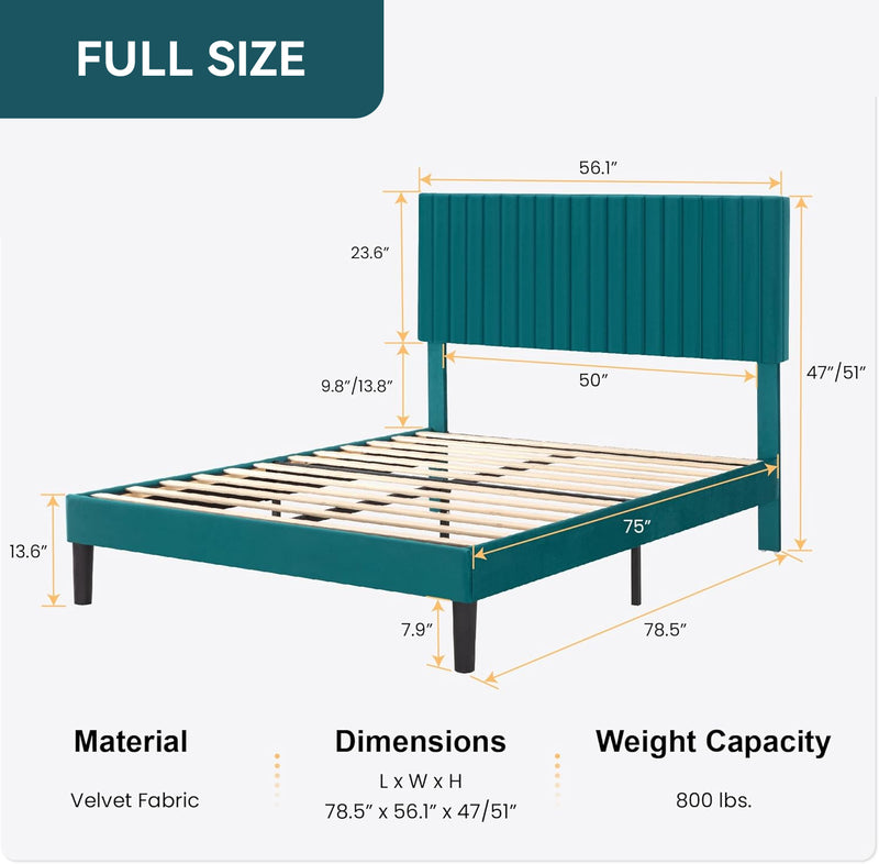 Velvet Upholstered Platform Bed Frame with Vertical Line Tufted Wingback Headboard, Strong Wooden Slats, and No Box Spring Needed