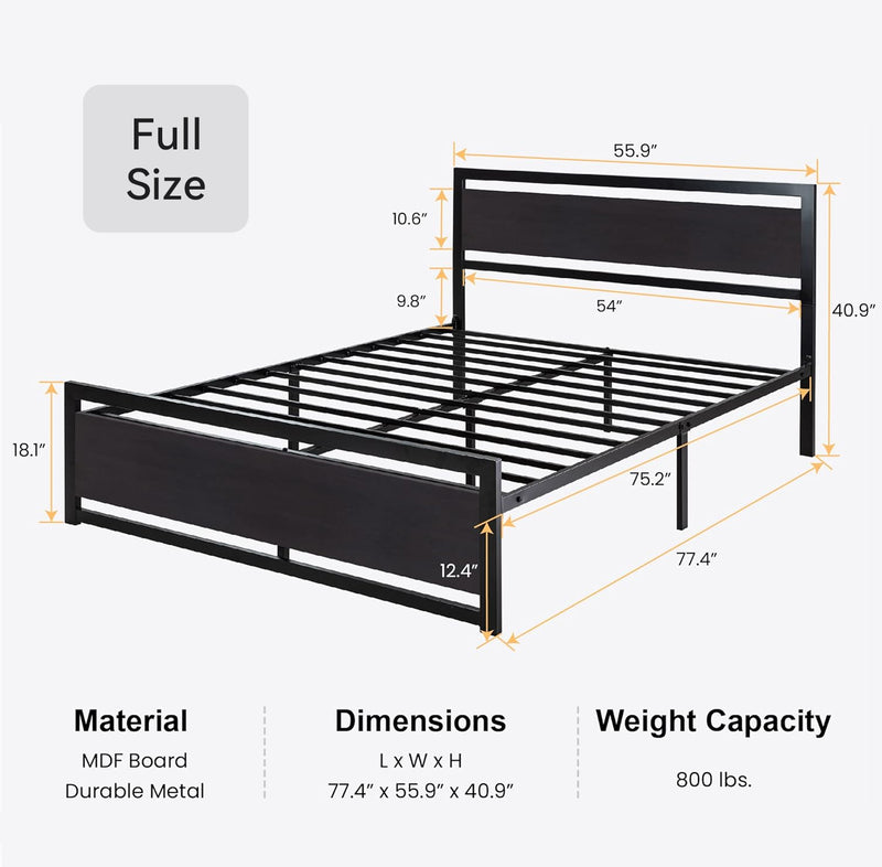 Bed Frame with Wooden Headboard & 13 Strong Metal Slats Supports Bed Frame Heavy Platform Metal