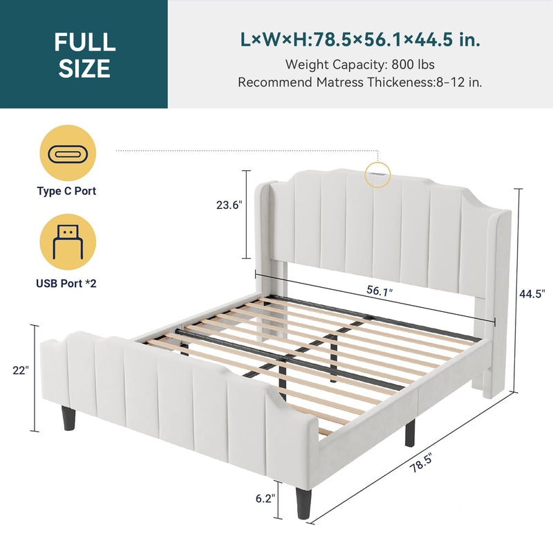 Velvet Bed Frame with Curved Vertical Tufted Wingback Headboard and Footboard, Charging Station Under Bed Storage