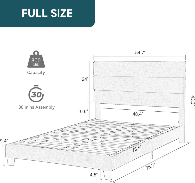 Platform Bed Frame with Fabric Upholstered Headboard and Wooden Slat Support, No Springs Required
