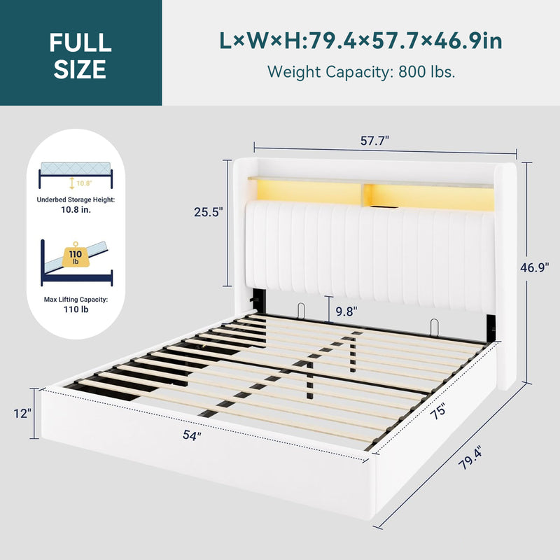 Lift Up Storage Bed Frame with Charging Station & LED Lights, Upholste ...