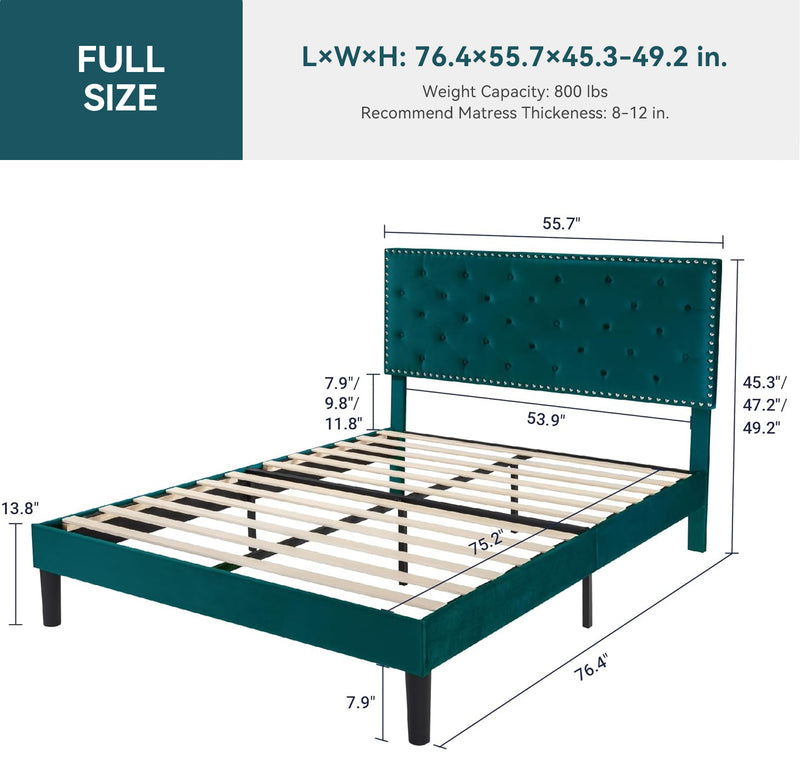 Velvet Upholstered Bed Frame with Adjustable Button Tufted Headboard, Slats Support, No Box Spring Needed