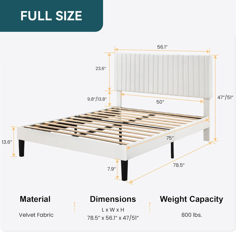 Velvet Upholstered Platform Bed Frame with Vertical Line Tufted Wingback Headboard, Strong Wooden Slats, and No Box Spring Needed