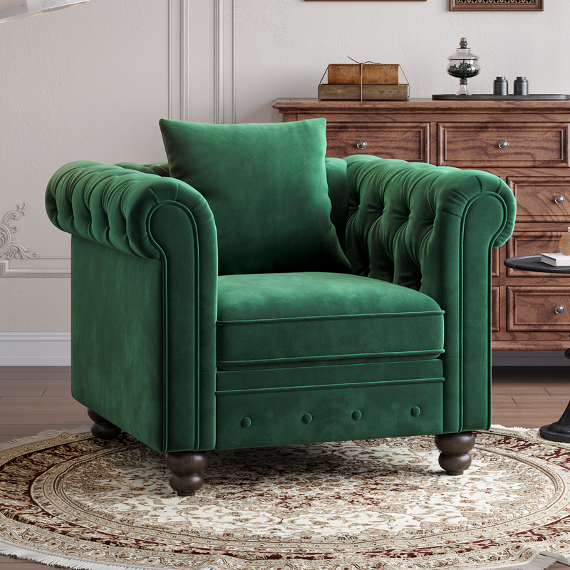 Velvet Chesterfield Armchair, Tufted Accent Chair with Rolled Arms, Upholstered Single Sofa Couch Chair with Throw Pillow