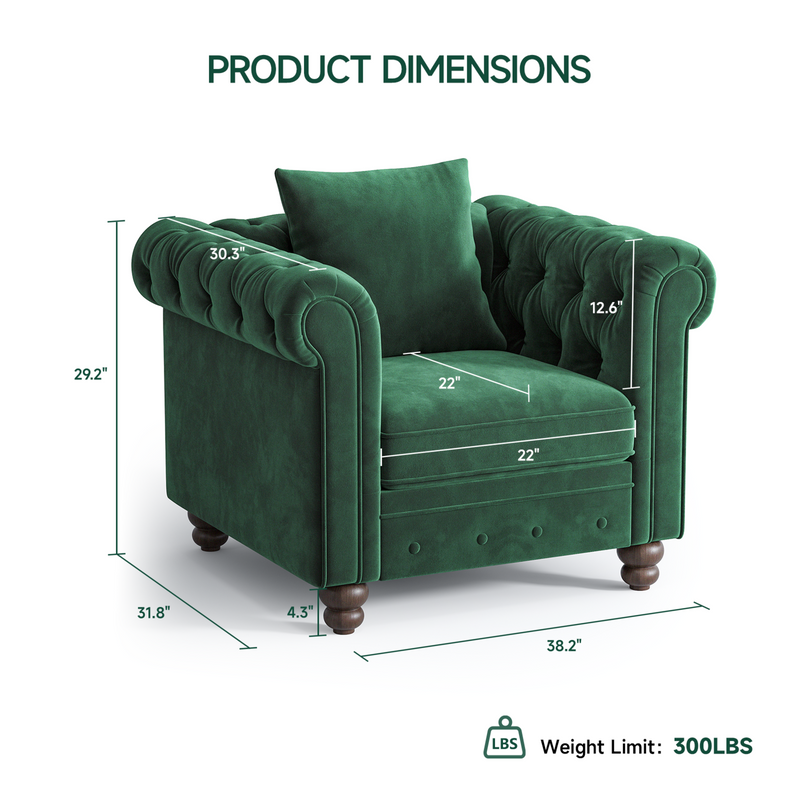 Velvet Chesterfield Armchair, Tufted Accent Chair with Rolled Arms, Upholstered Single Sofa Couch Chair with Throw Pillow
