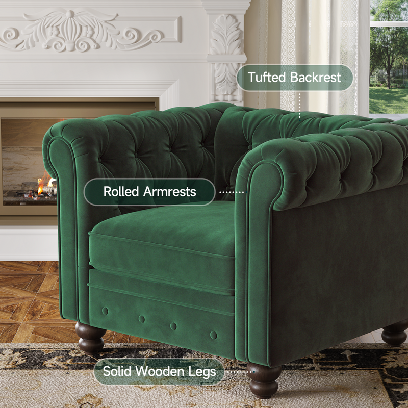 Velvet Chesterfield Armchair, Tufted Accent Chair with Rolled Arms, Upholstered Single Sofa Couch Chair with Throw Pillow