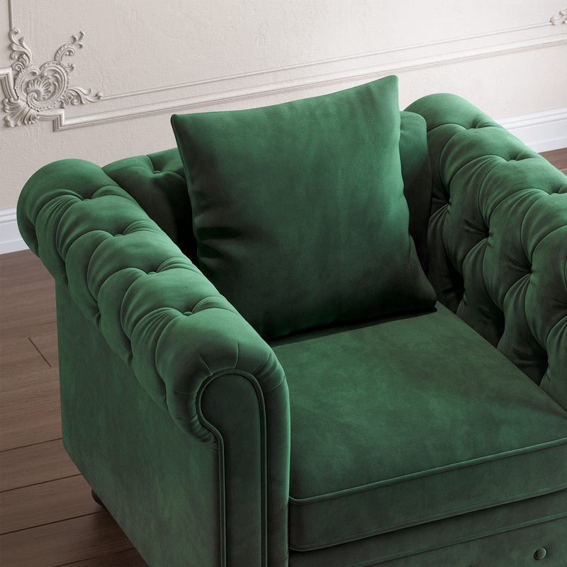 Velvet Chesterfield Armchair, Tufted Accent Chair with Rolled Arms, Upholstered Single Sofa Couch Chair with Throw Pillow