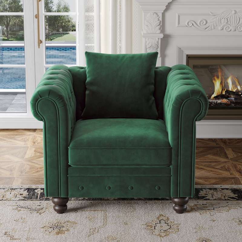 Velvet Chesterfield Armchair, Tufted Accent Chair with Rolled Arms, Upholstered Single Sofa Couch Chair with Throw Pillow