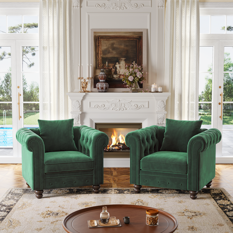 Velvet Chesterfield Armchair, Tufted Accent Chair with Rolled Arms, Upholstered Single Sofa Couch Chair with Throw Pillow
