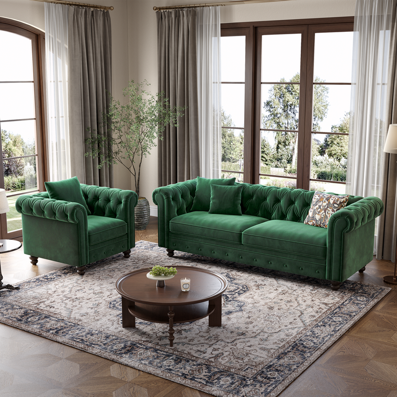 Velvet Chesterfield Armchair, Tufted Accent Chair with Rolled Arms, Upholstered Single Sofa Couch Chair with Throw Pillow