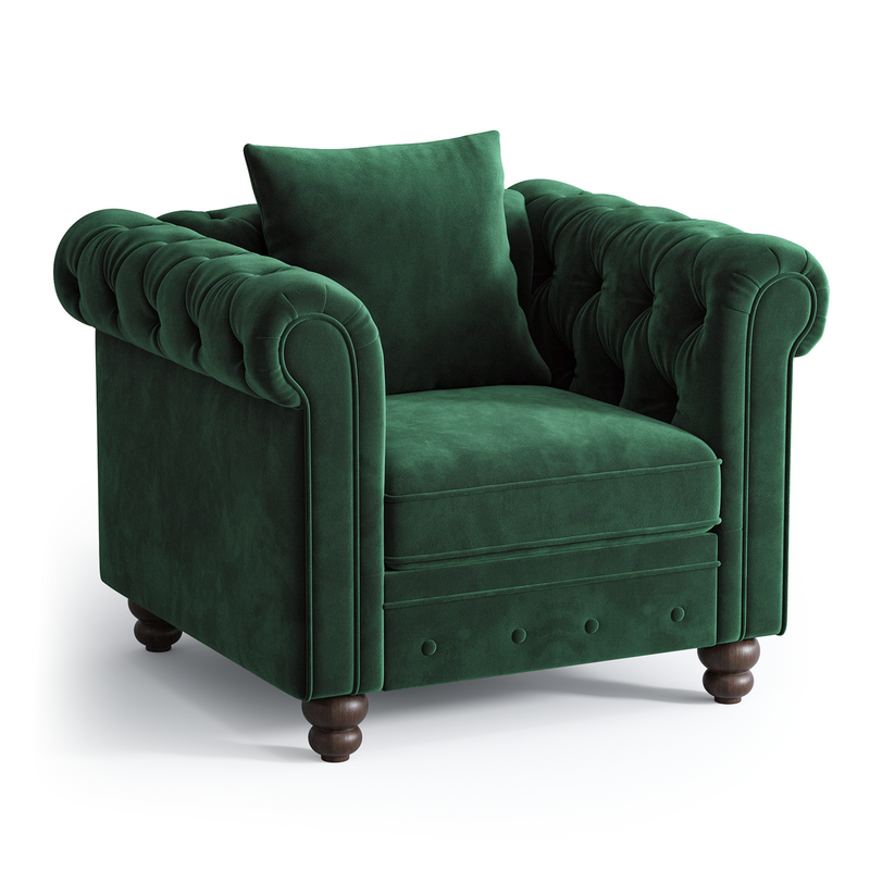 Velvet Chesterfield Armchair, Tufted Accent Chair with Rolled Arms, Upholstered Single Sofa Couch Chair with Throw Pillow