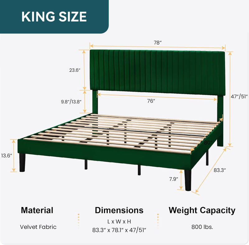 Velvet Upholstered Platform Bed Frame with Vertical Line Tufted Wingback Headboard, Strong Wooden Slats, and No Box Spring Needed