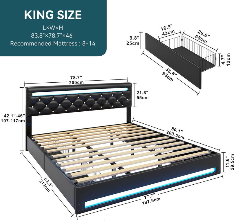 PU Leather Platform Bed Frame with LED Light, 4 Drawers, Adjustable Button Headboard